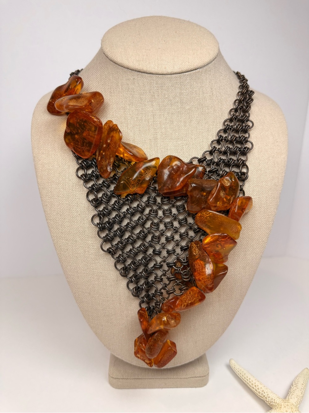 Cognac Amber Nugget Chainmail Bib Statement Necklace Artisan Boho